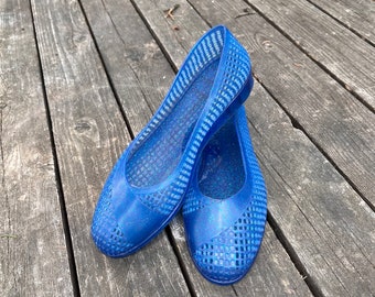 Ladies Jelly Shoes Blue Glitter Germany QUALITY 1980s True Vintage Wedge Heel Jellies 6