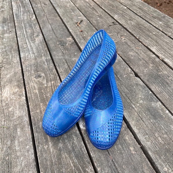 Ladies Jelly Shoes Blue Glitter Germany QUALITY 1980s True Vintage Wedge Heel Jellies 6