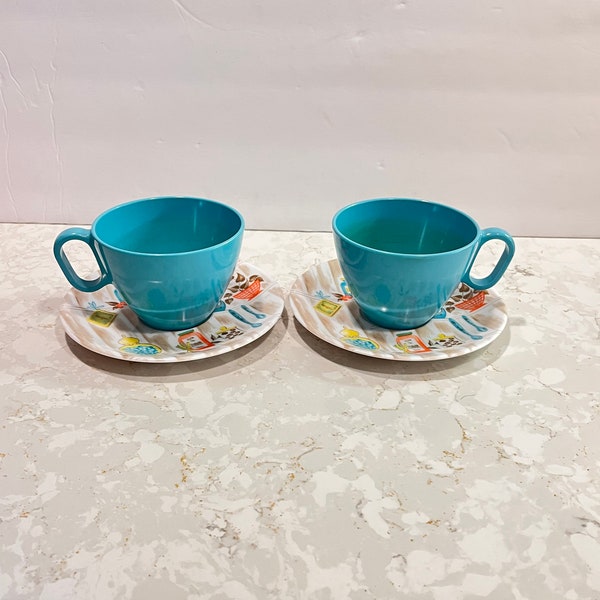 Aqua Melmac Rainboware Teacups and Saucers Set of 2 Mid Century Aqua Retro 1950's Tea Set