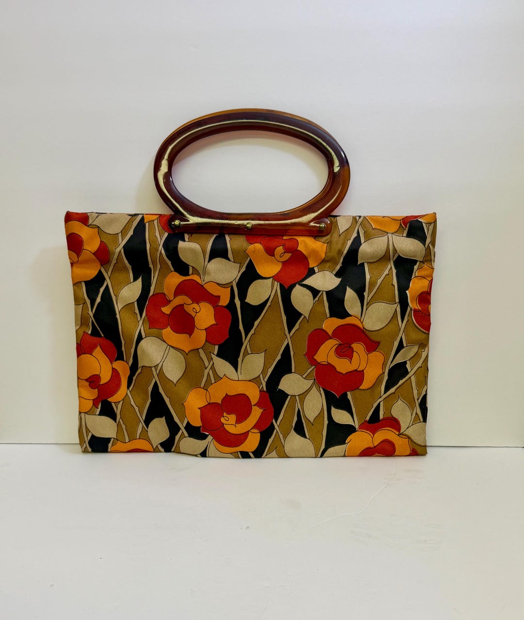 Vintage Ladies Pride Bold Floral Satin Look Tote Purse With Brown ...