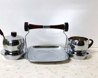 Vintage 1950's Gourmates by Glo Hill Tea Snack Serving Tray with Creamer and Sugar Bakelite Handles and Two Dip Servers Mis Century Modern