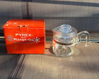 Vintage Pyrex Flameware 6 Cup Coffee Percolator With Box!