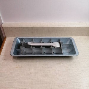 May include: A silver ice cube tray with a built-in lever for releasing ice cubes. The tray has 12 individual ice cube molds.