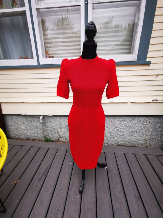 Vintage 1960s Red Wiggle Sweater Dress, Mad Men Wo