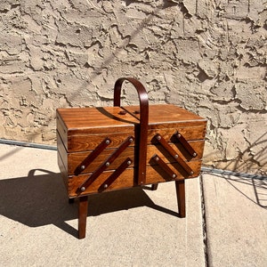 Vintage Accordion Sewing Box Wood Mid Century Modern