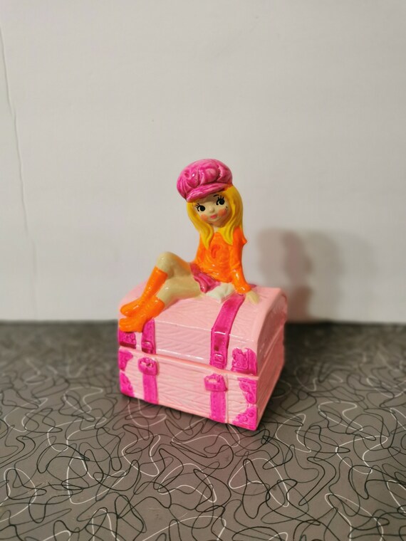 Adorable Day Glo Mod Girl Trinket Box 1960s