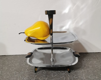 Vintage Mid Century Modern Gourmates By Glo Hill 2 Tier Chrome Serving Tray With Bakelite Handles and Feet.Modern Mid Century