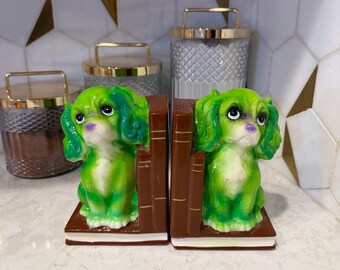 Green Dog Bookends Kitschy 1950s Kitsch Day Glo Puppy Bookends