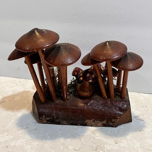 Pu&ograve; includere: Una scultura di funghi in legno con pi&ugrave; funghi marroni su una base in legno. I funghi hanno steli marroni e cappelli marroni con macchie bianche.