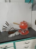 Vintage In Box Fondue Pot Orange With Forks NIB Complete Set Fondue Pot