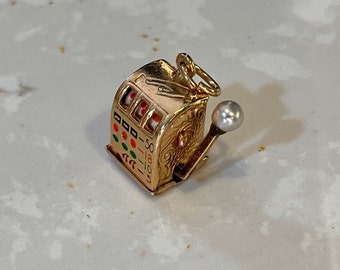 Vintage Slot Machine Charm Pendant, Sterling Silver Gold Tone