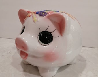 Big eye Piggy Bank Floral Flowers Hand Painted