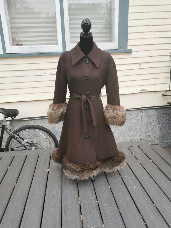 Vintage 1950s Wool Princess Coat With Fox Fur Trim