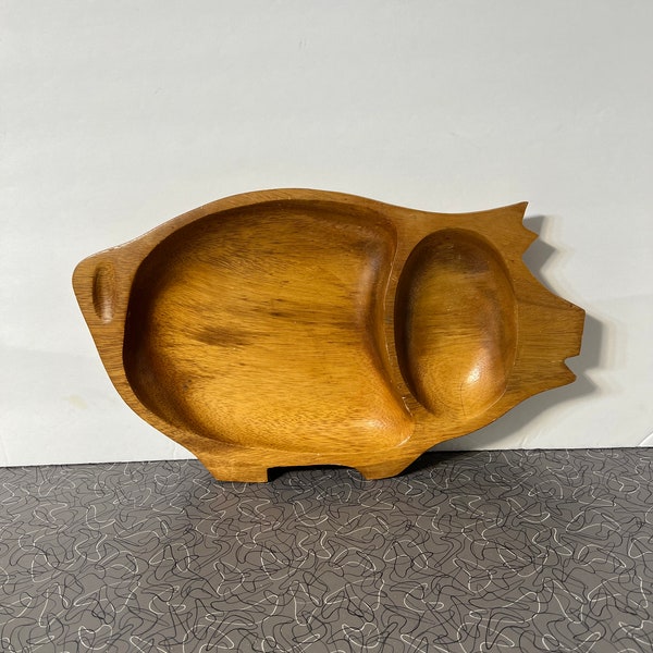 Vintage Wood Serving Tray Pig Shape BBQ Mid Century Modern