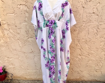 Royal Princess Hawaii  Caftan Dress O/S Purple Hibiscus Floral Retro Maxi 70s