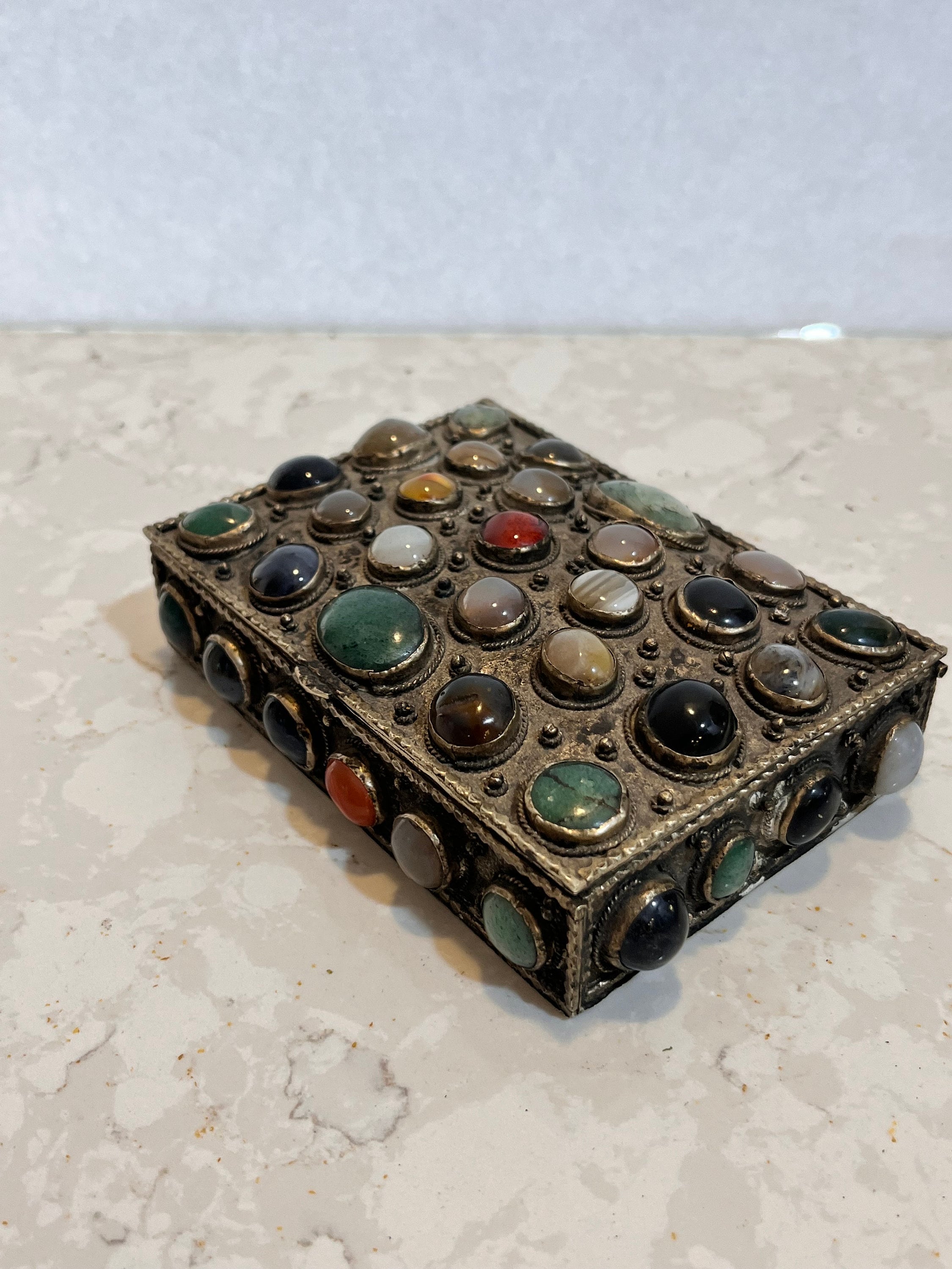 Vintage Silver Jewlery Box With Semi Precious Stones India