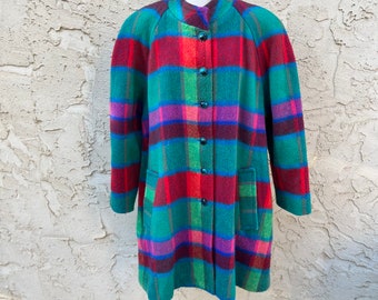 Vintage Wool Plaid Coat Warm Fuzzy 1960s 70s coat