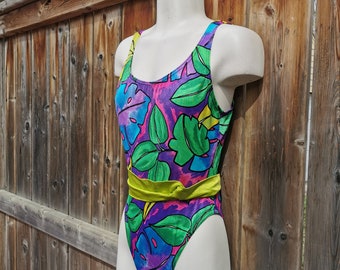 Vintage 1990-tals dambaddräkt baddräkt Hawaiianska blommor peplum baddräkt 80-tal