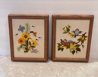 Amazing Butterfly , Bird, Bugs and Flower framed crewels pair so cute kitsch
