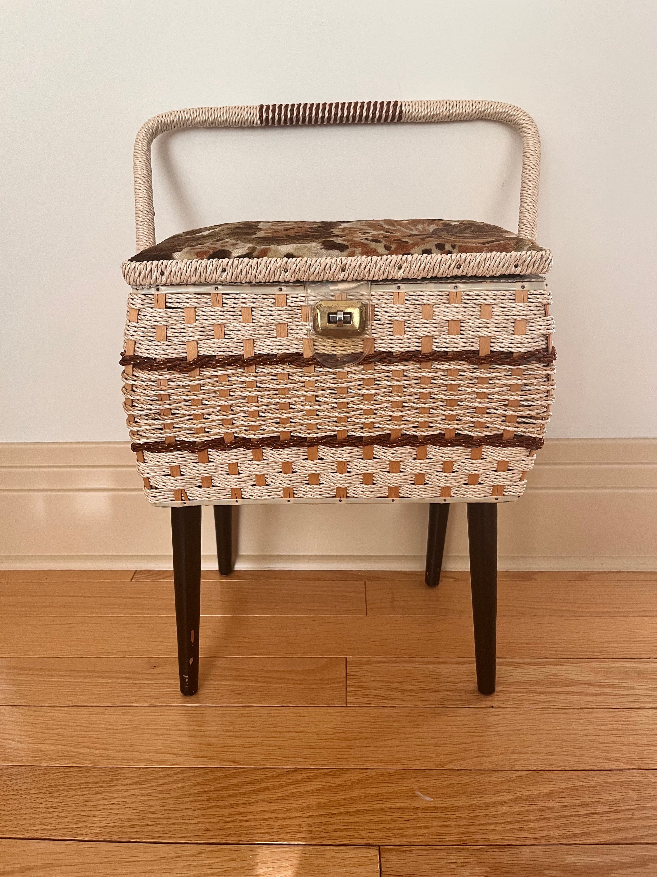 Vintage MCM Sewing Basket With Wood Legs
 Mod Vintage 1960s - Etsy