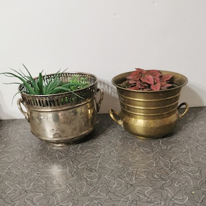 Op de afbeelding: Twee zilveren en messing plantenbakken met groene en rode planten. De plantenbakken hebben decoratieve handvatten en staan op een gepatroneerd oppervlak.