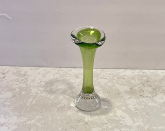 VINTAGE ASEDA SWEDEN Swedish Jack In The Pulpit Bone 1960's Bud Vases Green Controlled Bubble Glass Base