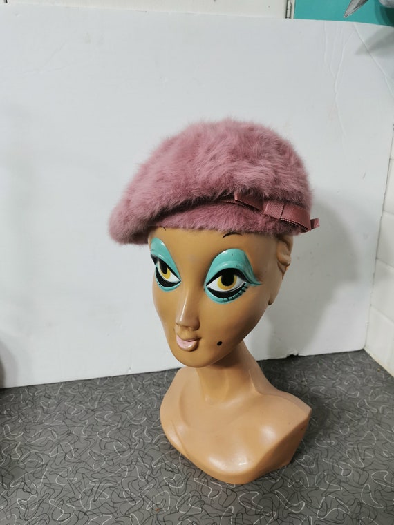 Vintage Pink Angora Beret Hat Winter Hat Boho Hipp