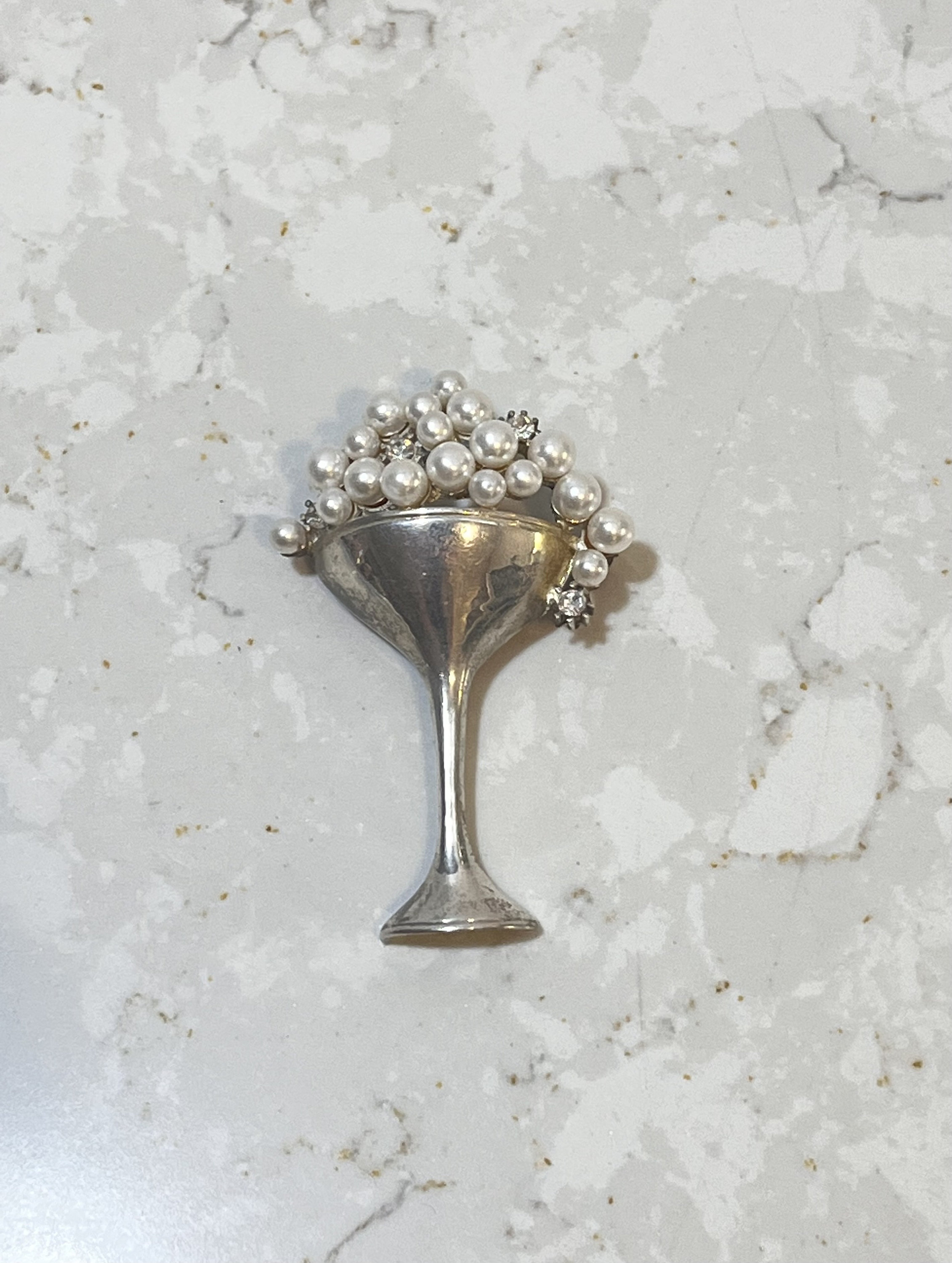 Vintage Champagne Glass Silver Brooch Pearls Bubbly Cute 