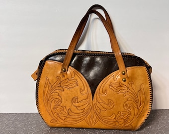 1970s Tooled Leather Purse Huge Boho Retro 1970's Tooled Leather Handbag Flowers Floral