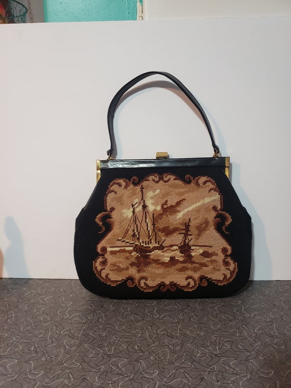 Needlepoint Purse 1950's Ship Design Needlepoint H