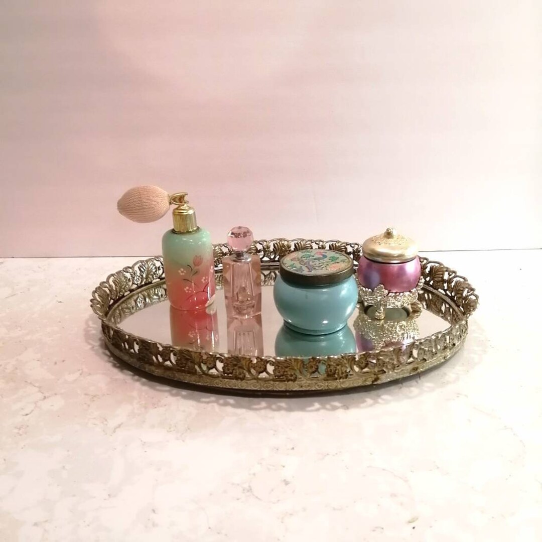 Vintage Mirror Vanity Tray Gold Filigree Etsy