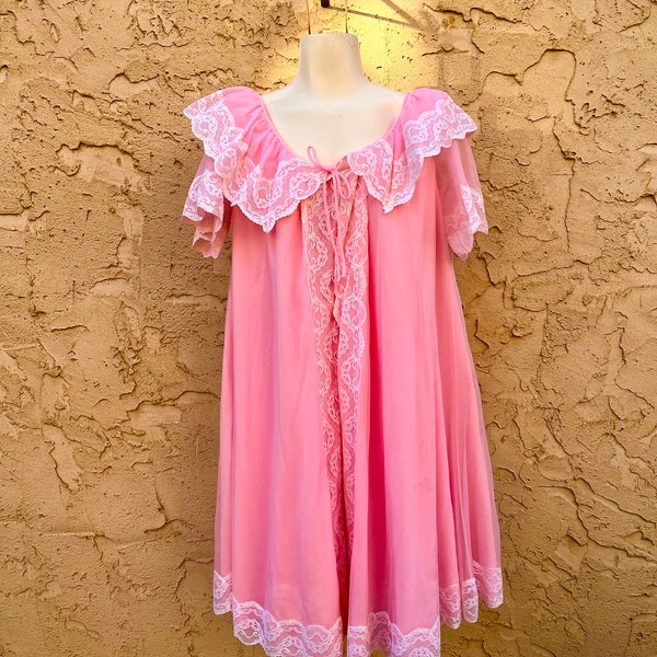 Vintage Peignoir Set Pink Lingerie Nylon Nightgown Super Soft Mad Men Style