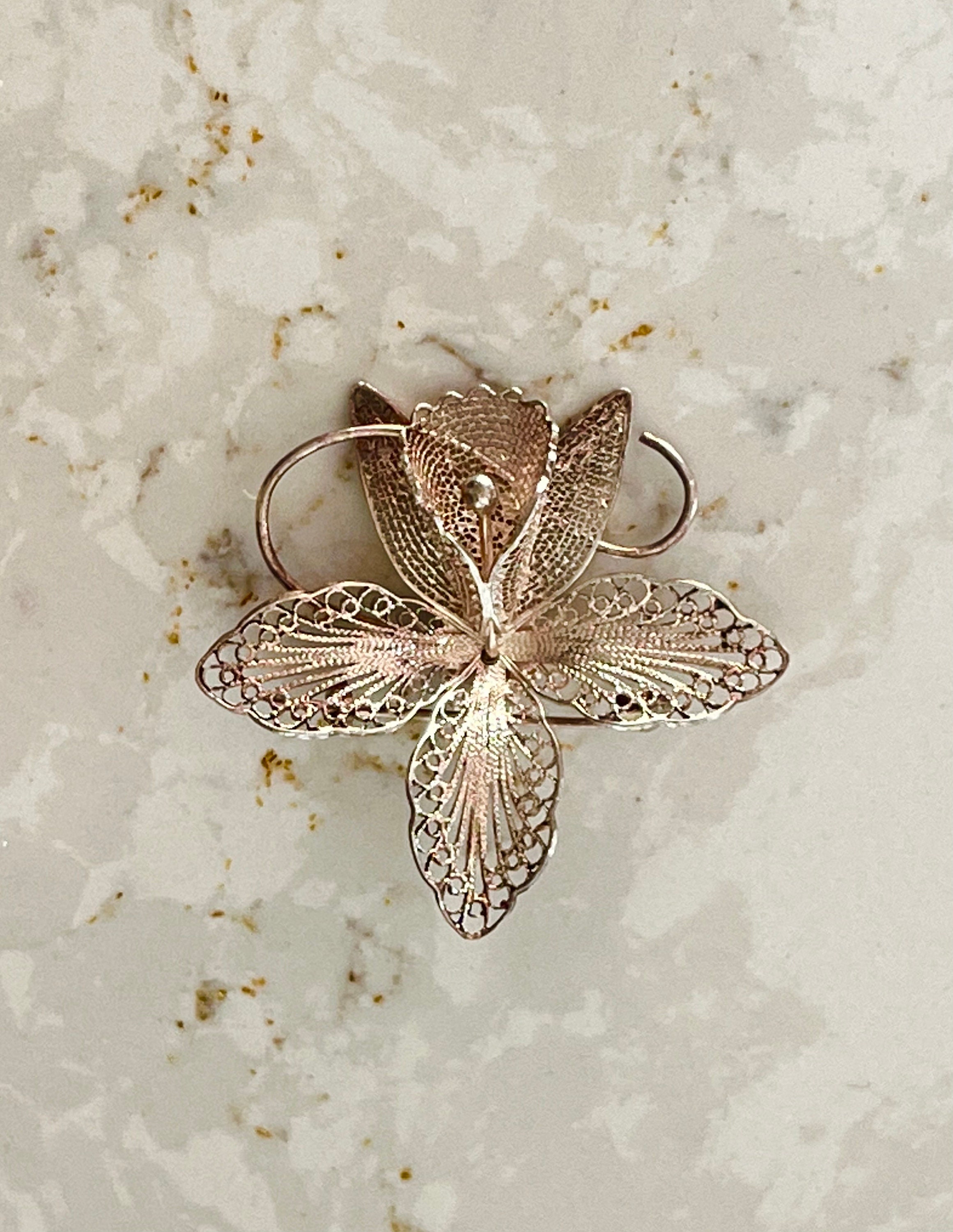 Broche Vintage Ethnique Africaine Orchidée Filigranée En Argent Massif - Occasion En Bon État