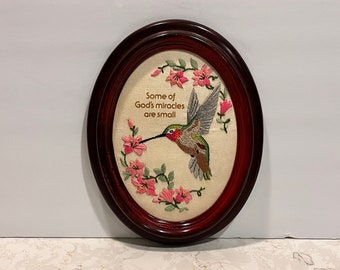 Amazing Hummingbird and Flower framed so crewel cute kitsch