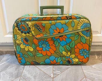 Maleta vintage Flower Power, maleta con diseño floral, maleta vintage de vinilo.