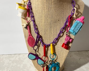 Vintage 80s Multi-color Plastic Charm Necklace With 11 Huge