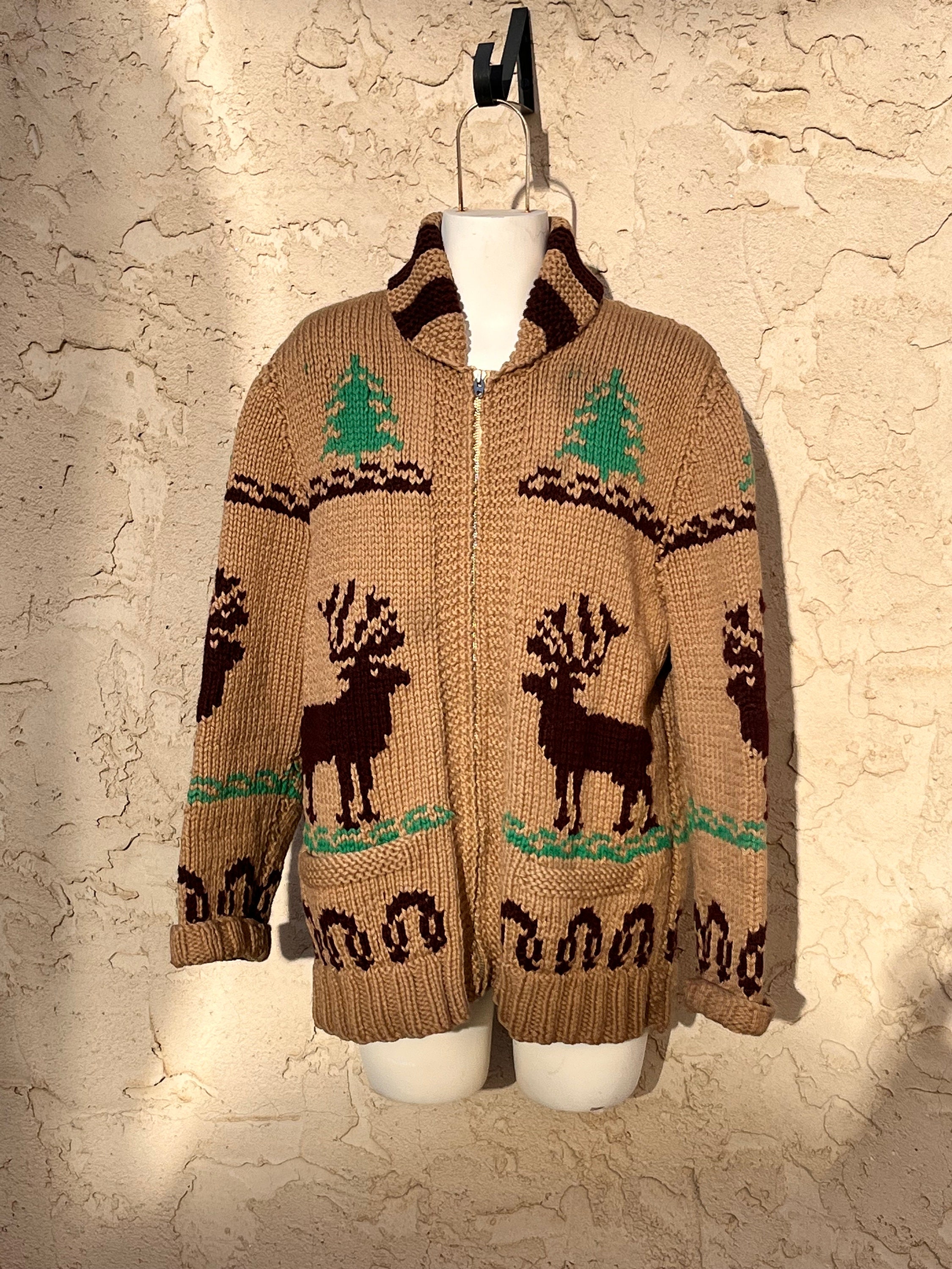 Vintage 1970's Cowichan Sweater With Deer or Elk Camping Outdoorsy