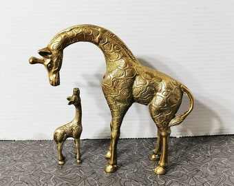 Mid Century Brass Giraffe Pair Mom and Baby Cute Mid Century