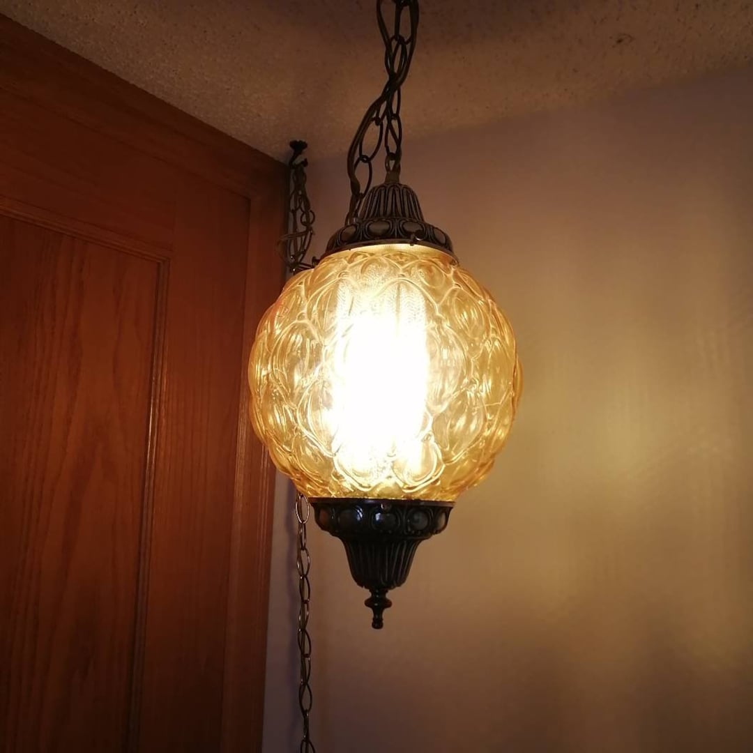 Mid Century Amber Swag Lamp Optic Glass Amber Swag Mid Century Etsy