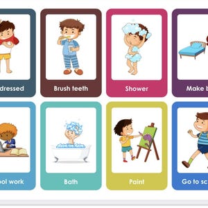 Puede incluir: Conjunto de ocho tarjetas ilustradas que representan rutinas diarias para niños. Cada tarjeta muestra a un niño realizando una actividad como vestirse, cepillarse los dientes, ducharse, hacer la cama, hacer los deberes, bañarse, pintar e ir a la escuela.
