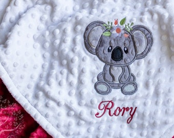 Personalized Floral Koala Bear Minky Blanket for Baby Girl , Baby Shower Gift, Custom made Blanket, Lullaby Gardens Blanket