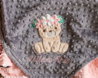 Personalized Baby Girl Minky Blanket, Floral Teddy Bear, Stroller Blanket, Crib Blanket, Toddler Blanket, Appliqued, Baby Shower Gift