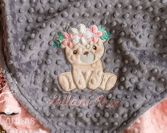Personalized Appliqued Floral Teddy Bear Minky Blanket: Custom Colors, Charcoal and Blush Featured
