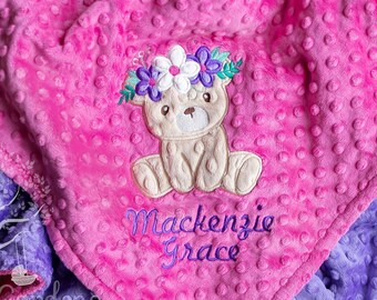 Personalized Baby Girl Minky Blanket, Floral Teddy Bear, Stroller Blanket, Crib Blanket, Toddler Blanket, Appliqued, Baby Shower Gift