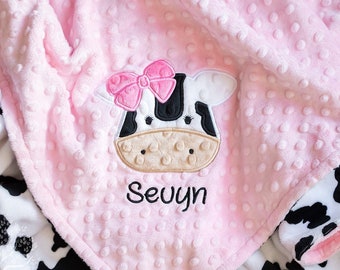 Personalized Minky Baby Blanket: Appliqued Cow, Custom Colors, Light Pink and Cow Print shown
