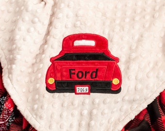 Personalized Minky Baby Blanket, Appliqued Truck Minky Baby Blanket, Baby Boy Blanket, Personalized Baby Gift,  Red Pickup Truck Blanket