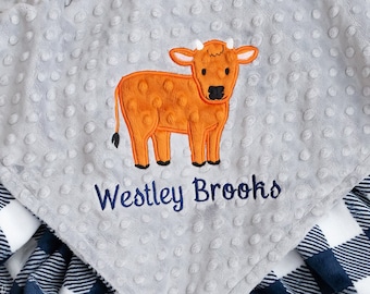 Personalized Minky Baby Blanket, Baby Boy, Baby Girl, Appliqued Cow, Steer, Bull, Baby Shower Gift, Baby Gift, Choice of Colors