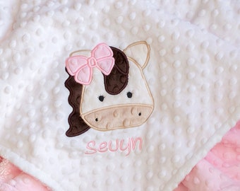 Personalized Baby Girl Appliqued Pony Minky Blanket, Baby Shower Gift, Personalized Baby Gift, Made By Amoree Collins
