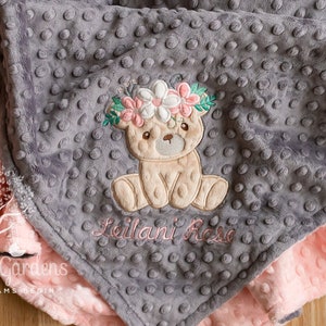 Personalized Baby Girl Minky Blanket, Floral Teddy Bear, Stroller Blanket, Crib Blanket, Toddler Blanket, Appliqued, Baby Shower Gift