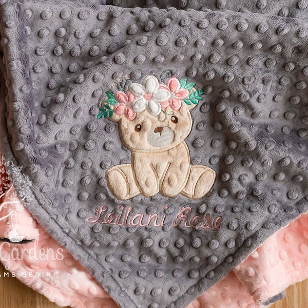 Personalized Baby Girl Minky Blanket, Floral Teddy Bear, Stroller Blanket, Crib Blanket, Toddler Blanket, Appliqued, Baby Shower Gift